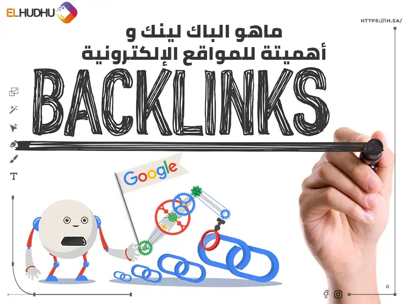 خلفية بيضاء مكتوب عليها ما هو الباك لينك وأهميته للمواقع الإلكترونية باللون الأسود بالإضافة إلى علامة الباك لينك التي تربط بين المواقع