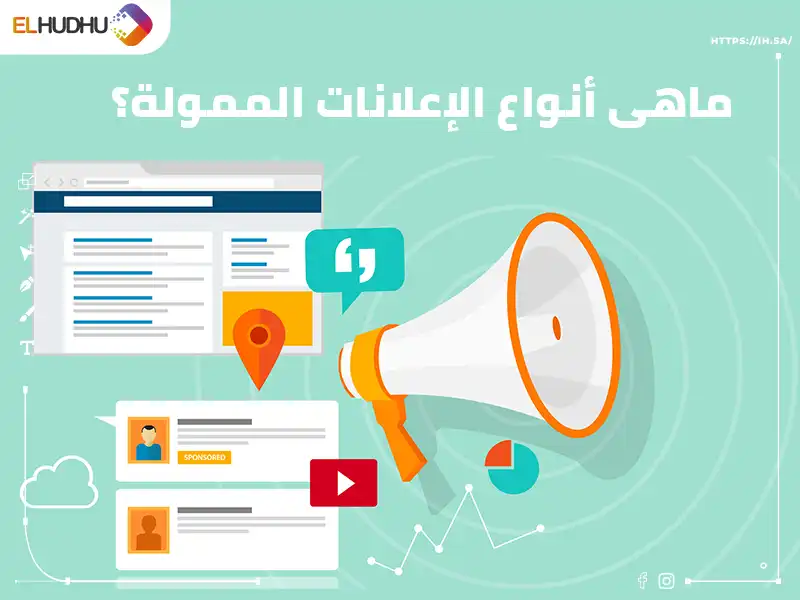 خلفية باللون الأزرق الفاتح بها مايكروفون باللون الأبيض وبعض المواقع الالكترونية جميع عناصر الصورة موشن جرافيك ومكتوب عليها ماهى أنواع الإعلانات الممولة؟